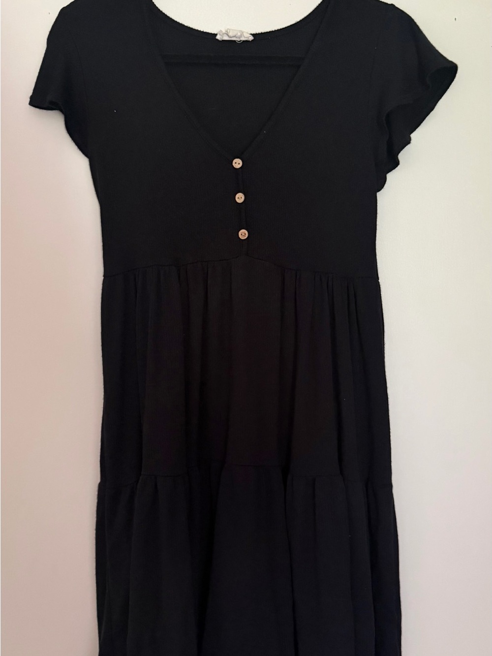 See You Monday Black V-Neck Tiered Baby Doll Dress Flutter Sleeve L